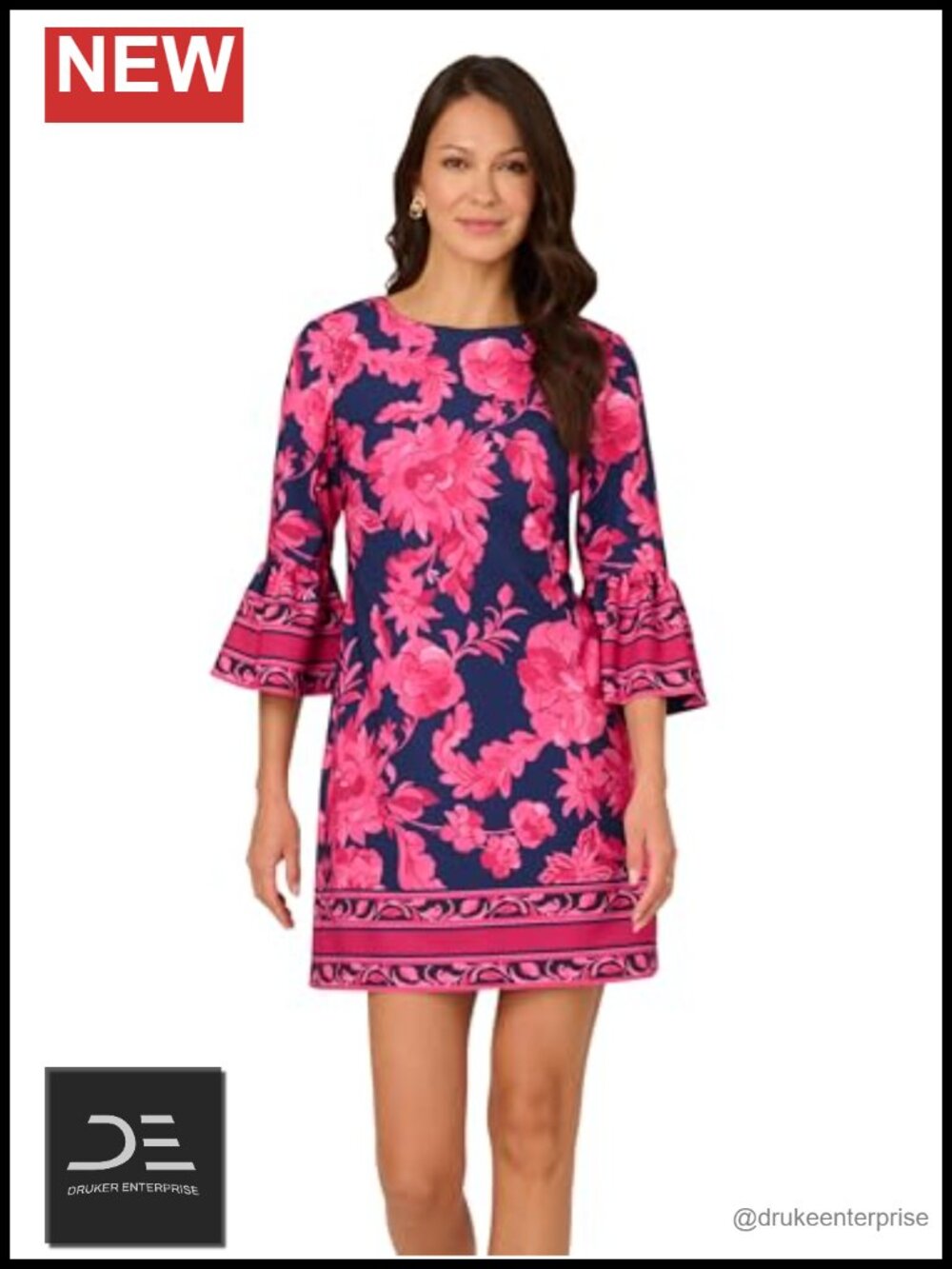 Bell Sleeve Short Dress Floral Border Print